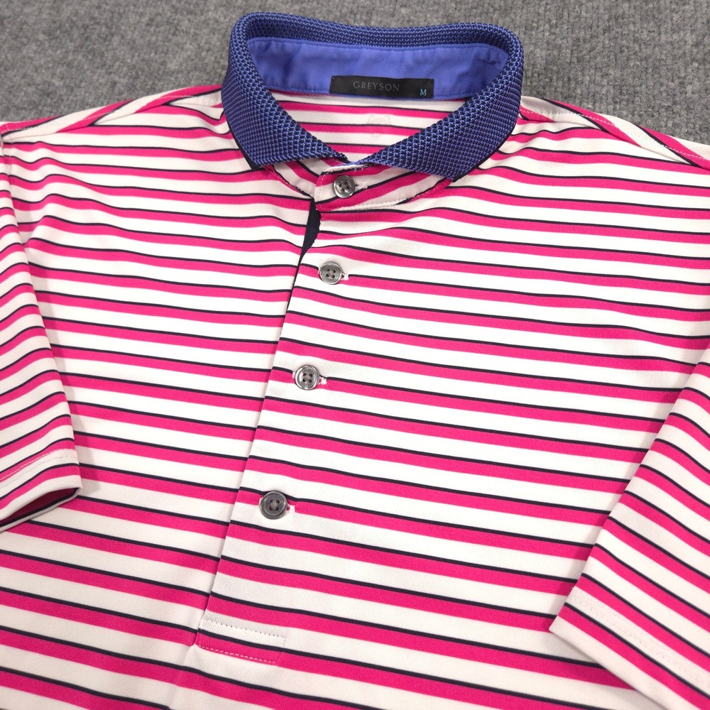 Greyson Polo Shirt Mens Medium Pink White Striped Performance Golf Preppy Casual